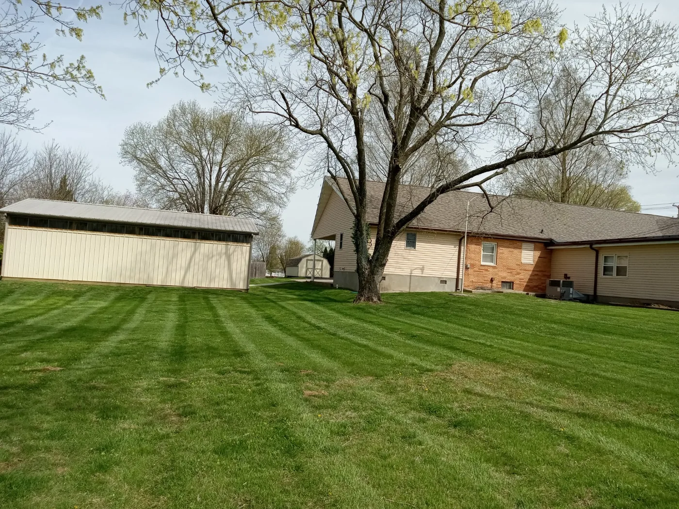 Fresh striped lawn across a maintained property